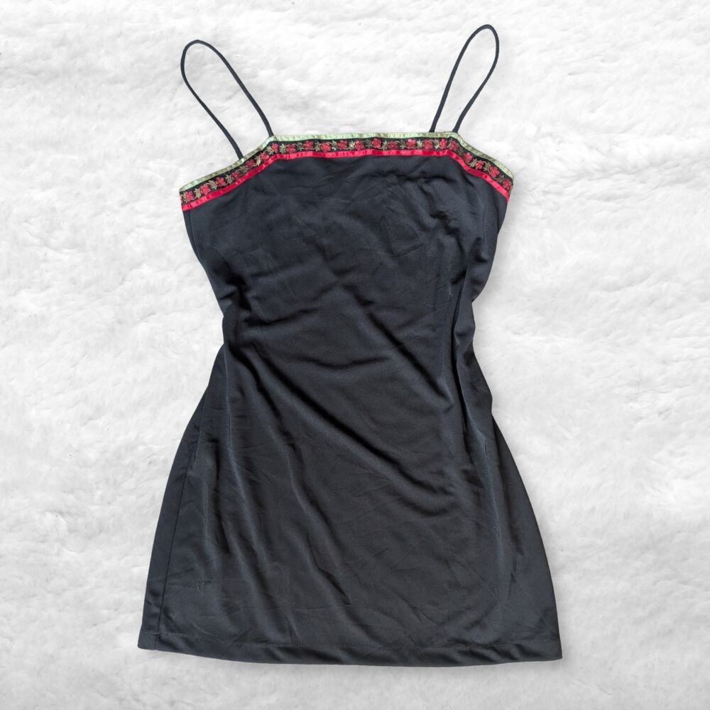 vintage esprit de corp black floral trim mini slip dress